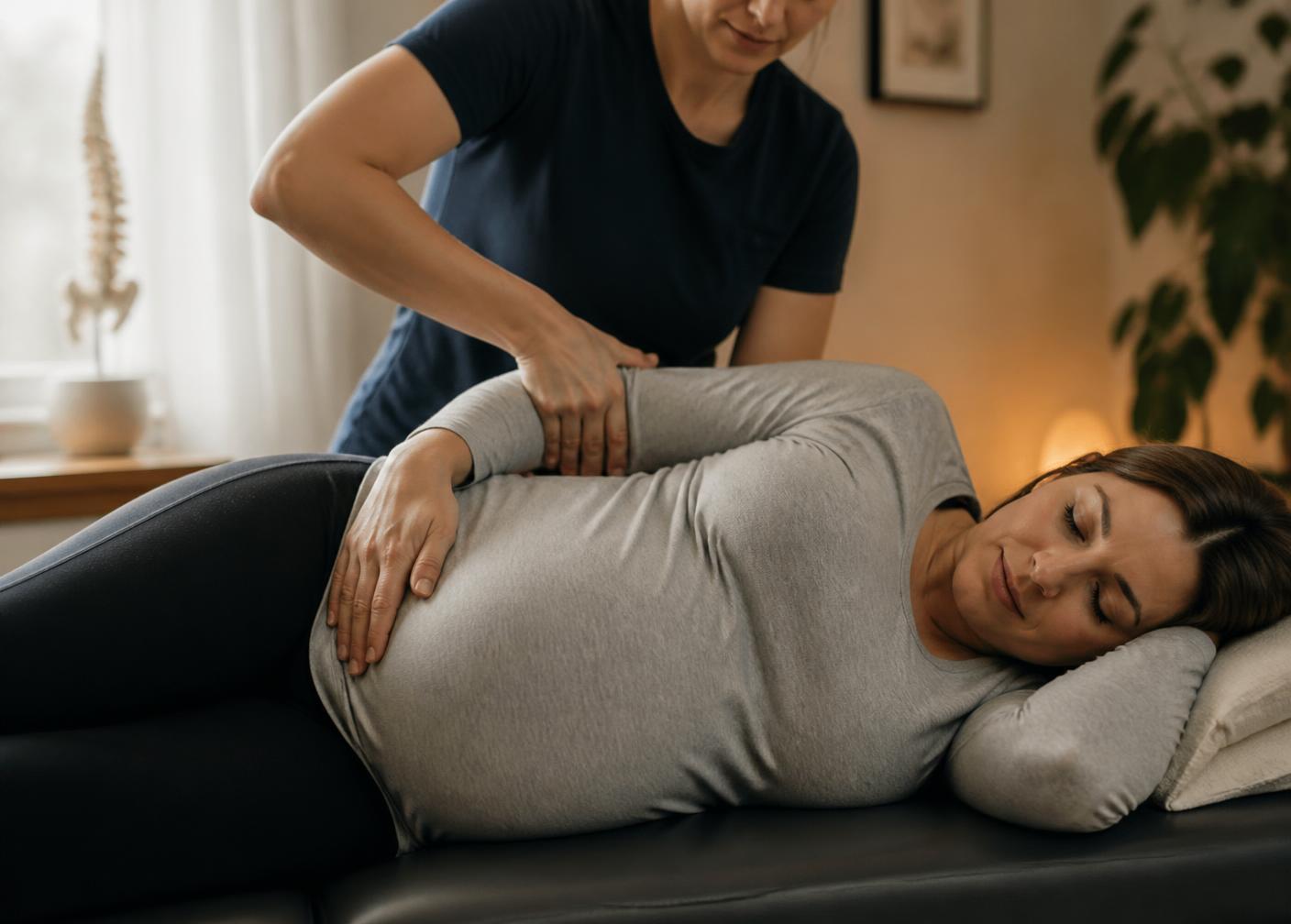 Prenatal chiropractic adjustment for pregnant patient at Quantum Chiropractic in Burleson, TX